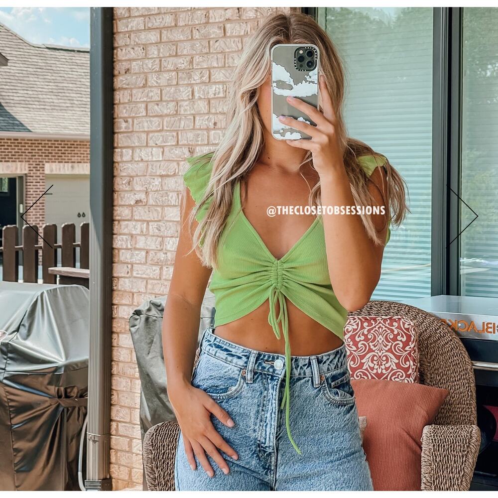 Zara NWT Green Ruched Drawstring Ruffle Crop Top L - Picture 9 of 16
